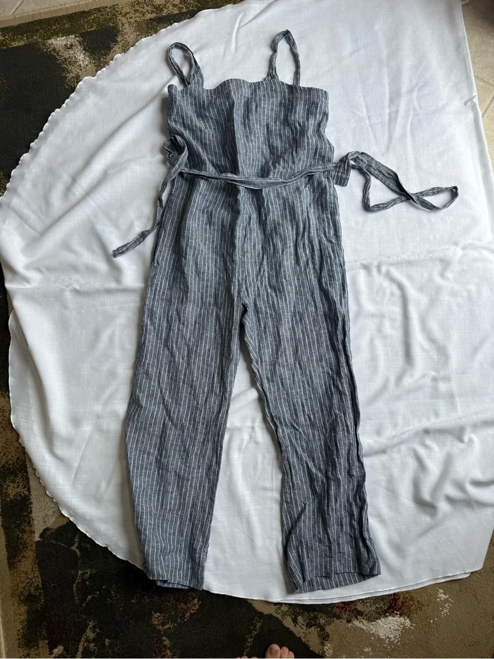 Quince 100% European Linen Square neck Jumpsuit in Blue and White